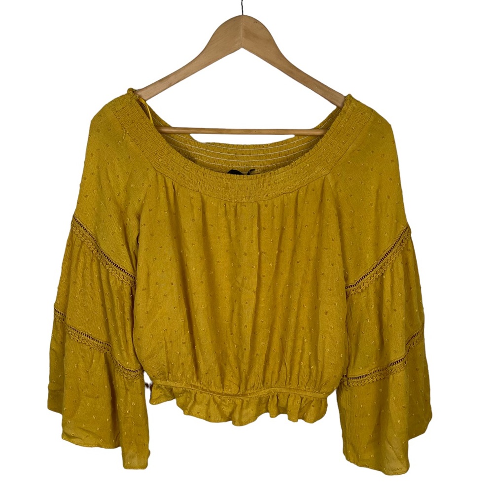 Aqua Women's Cropped Off-The-Shoulder Smocked Bell Sleeve Top Size Small Mustard - Picture 3 of 12